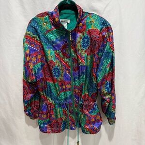 Lavon Petites PM Vintage Windbreaker Jacket Festival Retro Patchwork Print Event
